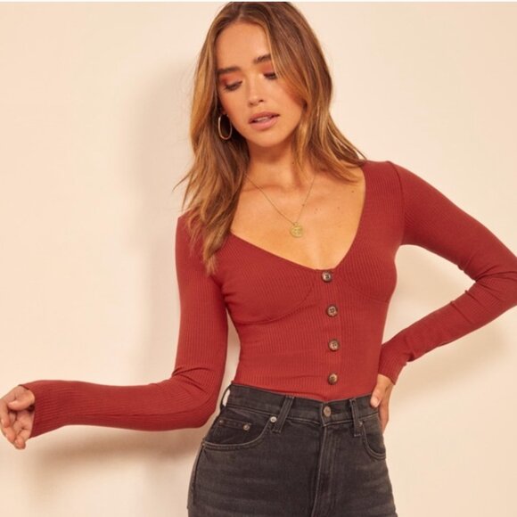 Reformation Virgil Ribbed Long Sleeve Top Terracotta XS - Picture 3 of 15